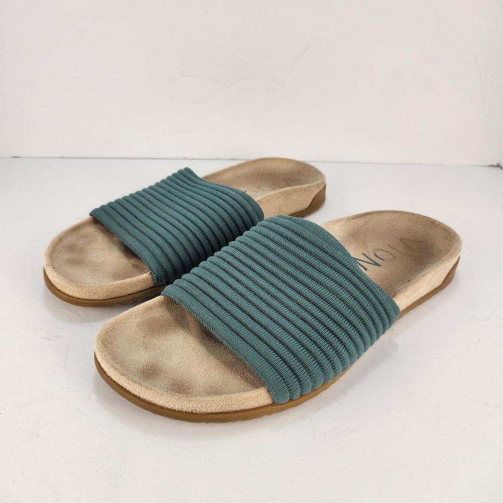 Vionic Evie Women's Size 9 Teal Blue Ribbed Knit Slide Sandals Comfort Arch Supp